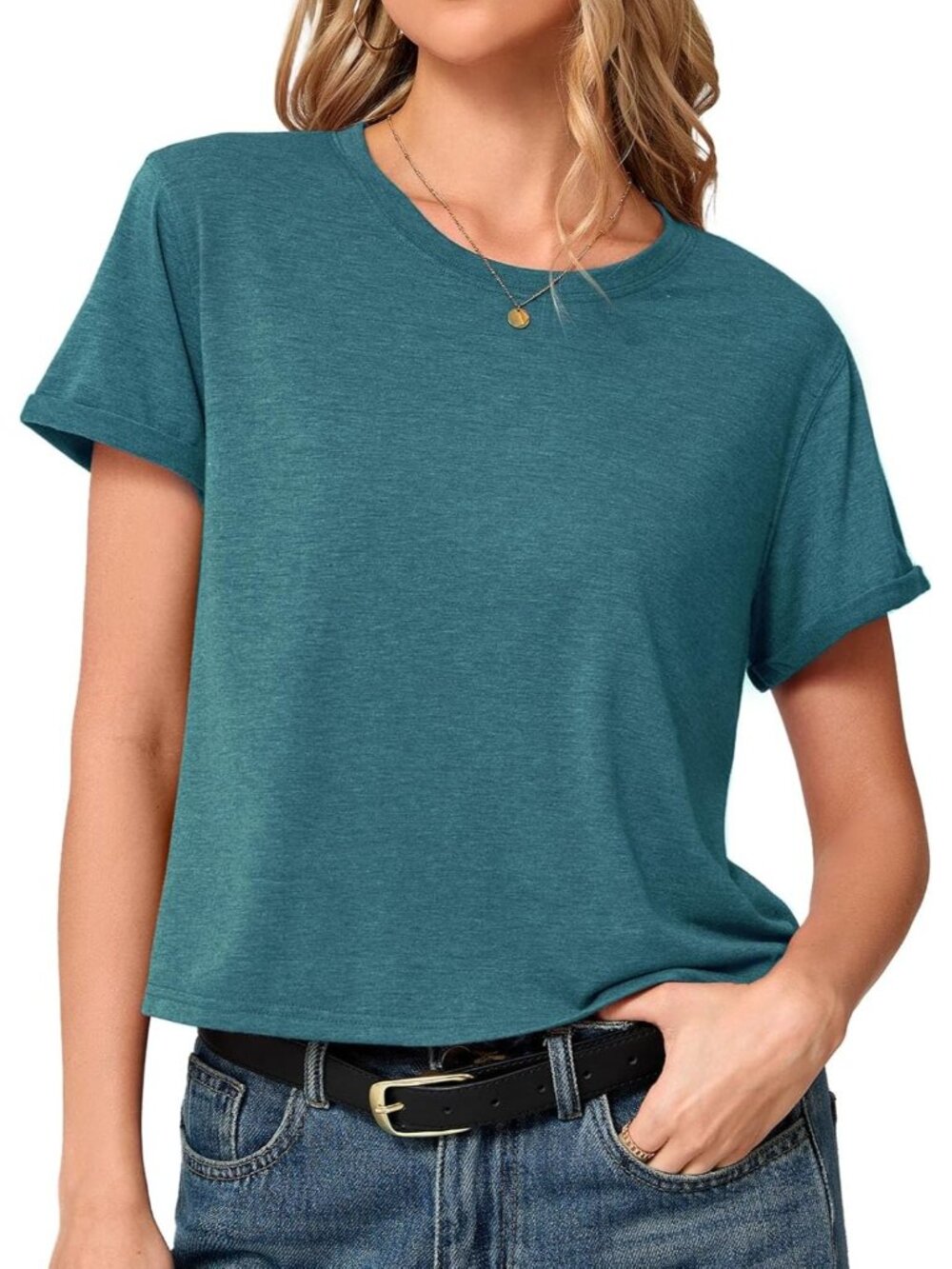 Women's Blue Summer Short Sleeve Crewneck Crop Casual and Flowy Style T Shirt